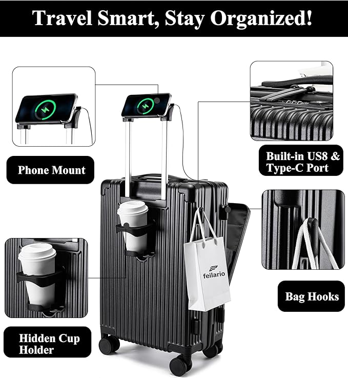 feilario 20in Hardside Spinner Wheel Luggage with Zipper Closure, Built-In TSA lock Carry on Suitcase, with Cup Holder & USB Port & Phone Holder Black(with zipper closure, 20in)