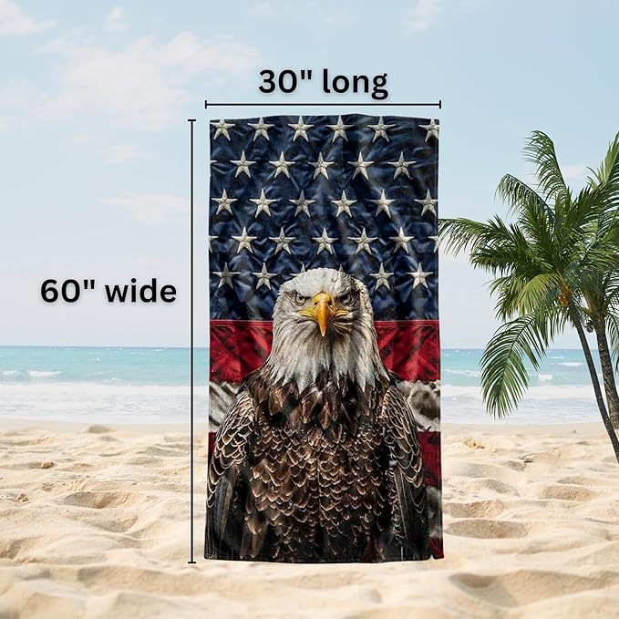 Patriotic American Eagle Beach Towel 30”x60” – 100% Cotton Velour, Absorbent, Quick-Dry, Easy-Pack for Spring Break, Vacation, Beach, Pool, or Sunbathing – Lightweight, Compact – USA Novelty Gift