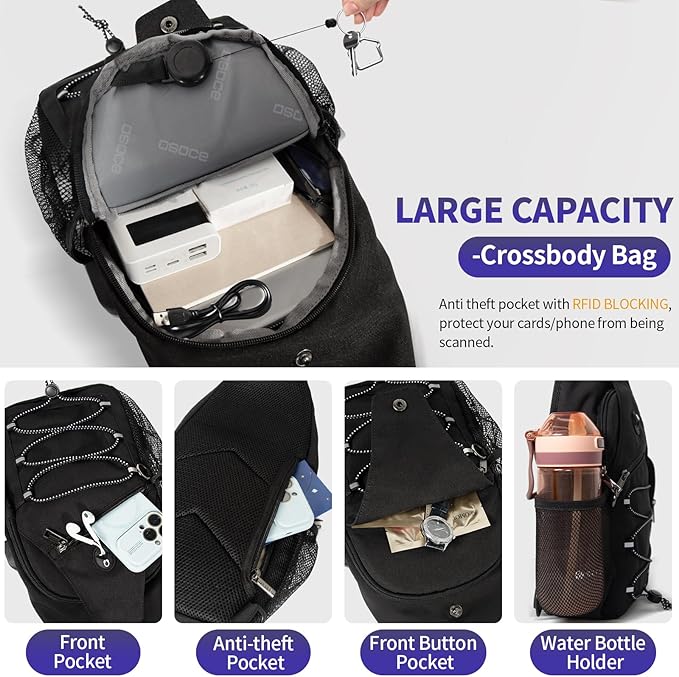 S Size Sling Bag Fits 9.7in iPad, Anti-Theft Crossbody Chest Bag for Men & Women, Water Resistant with RFID Pocket