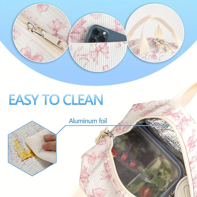 Insulated Lunch Box for Women and Men,Corduroy Lunch Bags for Work,Leakproof Adults Cooler Tote Bag for Offices,Picnic,Travel,Outdoor (Pink Bow)