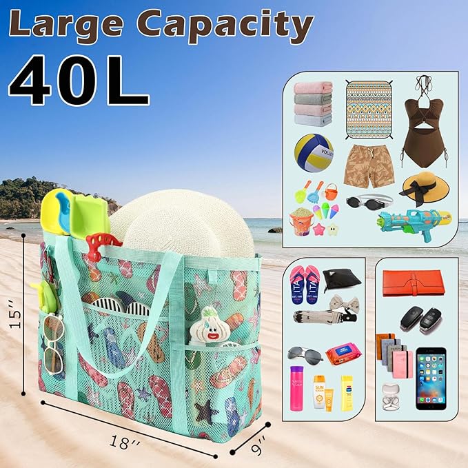 Mesh Beach Bag with Zipper, Large Beach Tote for Women, Toys Pool Swim Bag Travel Vacation Cruise Essentials