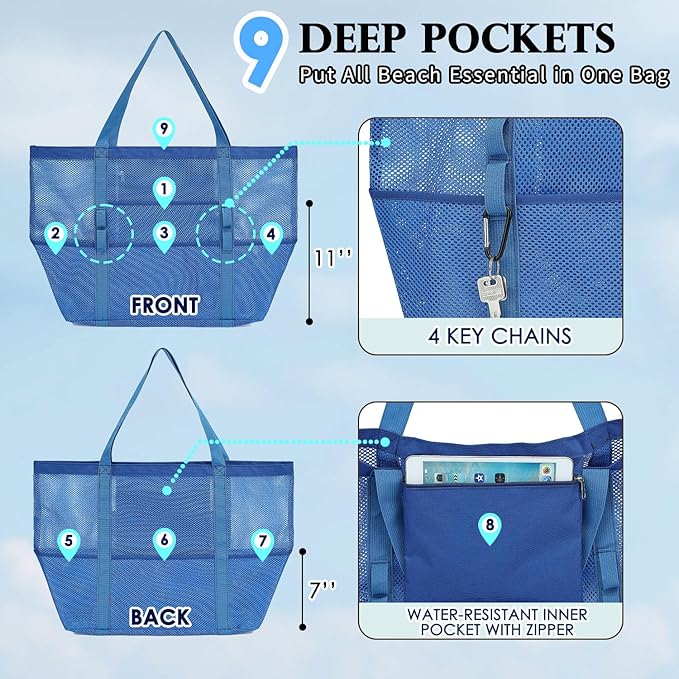 Mesh Beach Bag, Large Beach Tote with Zipper Pocket, Toys Pool Bag for Family Travel Vacation Cruise Essentials