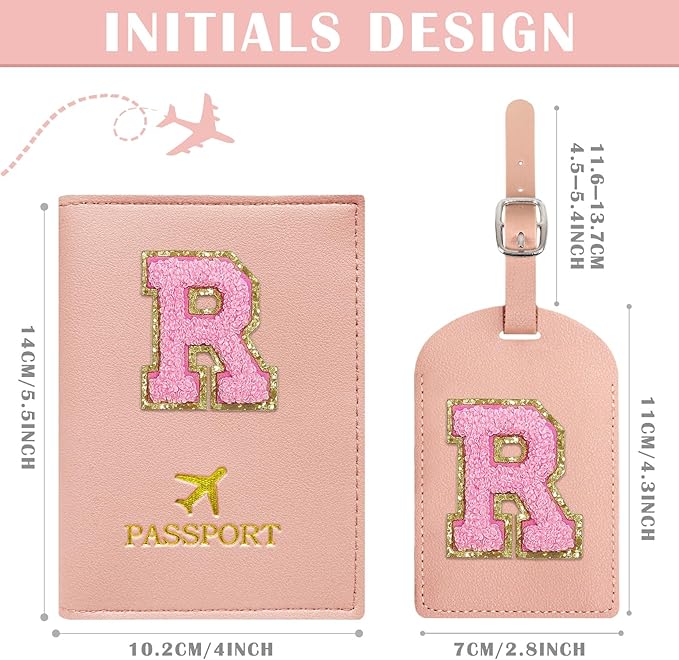 COSHAYSOO Initial Passport Cover Luggage Tag Set Letter Passport Holder Airplane Cruise Travel Essentials Vacation Traveling Accessories Personalized Gifts for Women Teen College Girls Pink R
