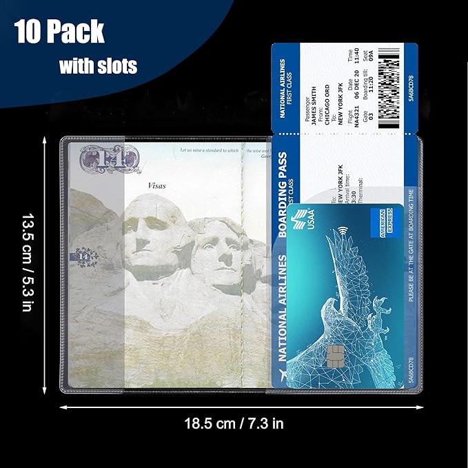 Clear Passport Cover, Waterproof Passport Protector Case, Vinyl Transparent Travel Boarding Pass Sleeve and ID Cards Holder Organizer, 10 Pack