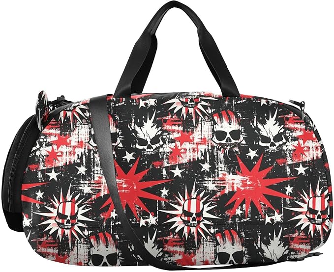 Punk Style Skull Stars Red Black Kids Cute Gym Bag with Shoes Compartment Multifunctional Overnight Bag for Beach Swim Bags Pool Sports bolsa de viaje para mujer