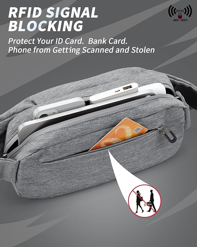Fanny Pack for Mens Crossbody Bag, Sling Bag for Women Waist Packs Anti Theft Cross Body Belt Bags with Adjustable Strap for Running Sports Hiking Cycling Travel Walking - Grey