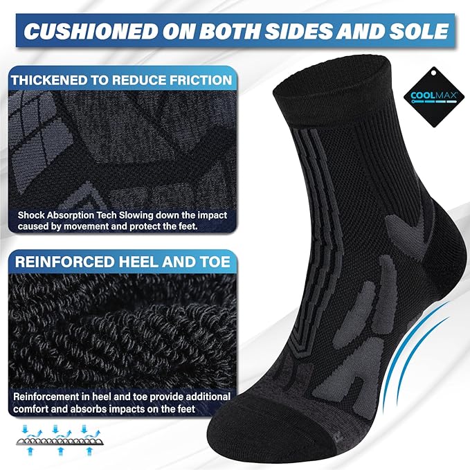 Hylaea Compression Running Socks for men, Coolmax Anti-Blister Cushion Crew Socks for Athletic, Moisture Wicking & Seamless