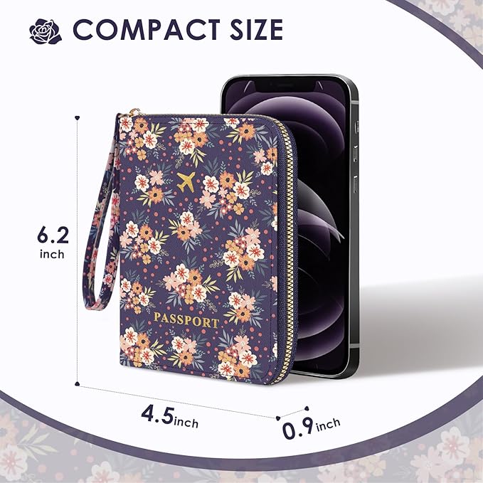 Passport Holder, Passport Holder For Travel, Passport Cover For Travel Essentials, Passport Wallet Cover RFID Blocking, Cute Passport Book for Women and Men, Navy Blue Flowers