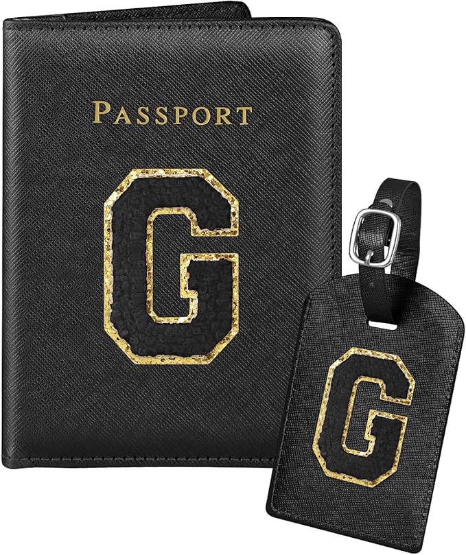 Slohif Passport Holder Initial Lugguage Tag Set Suitcase Cover Wallet Case for Travel Women - Leather Letter Passport Book Personalized Organizer Card Protector Sleeve Essentials Slim Carrier Black G