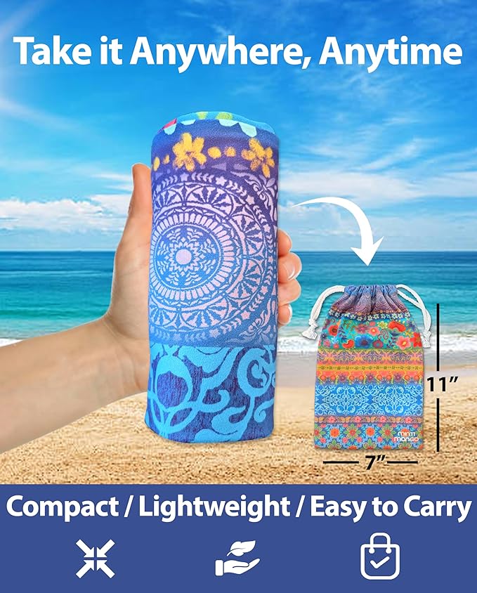 Microfiber Beach Towel Oversized 71X32" Thin, Large, Reversible, Lightweight, Quick Dry, Sand Free, Absorbent, Swim, Pool, Cruise, Compact Travel Towel, Camping, Beach Blanket, Carry Bag, Boho, Flower