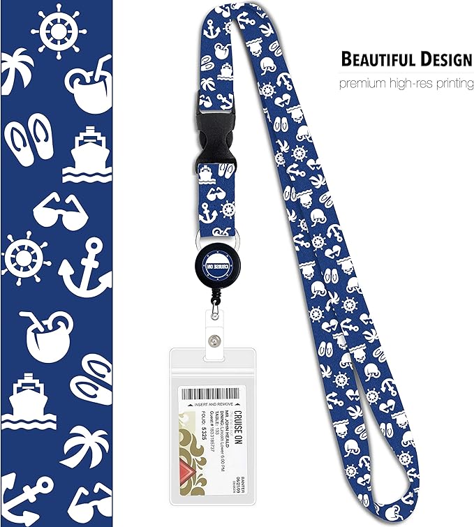 Cruise On Cruise Lanyard for Ship Cards – 2-Pack Retractable Badge & Waterproof Key Card Holder for Ship Cards – Cruise Essentials 2026-2027, Perfect for Travel & Vacation (White & Blue)