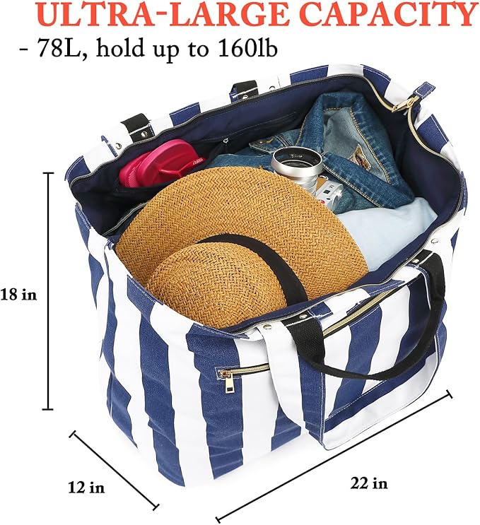 Large Canvas Beach Bag for Women, Beach Bags Waterproof Sandproof with Zipper & Wet Bag Cruise Essentials
