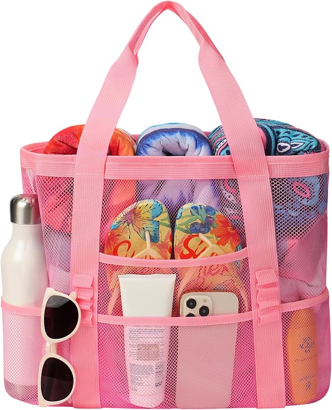 Beach Bag - Mesh Beach Bag Large 8 Pockets, Beach Tote Bag Beach Essentials for Vacation Must Haves