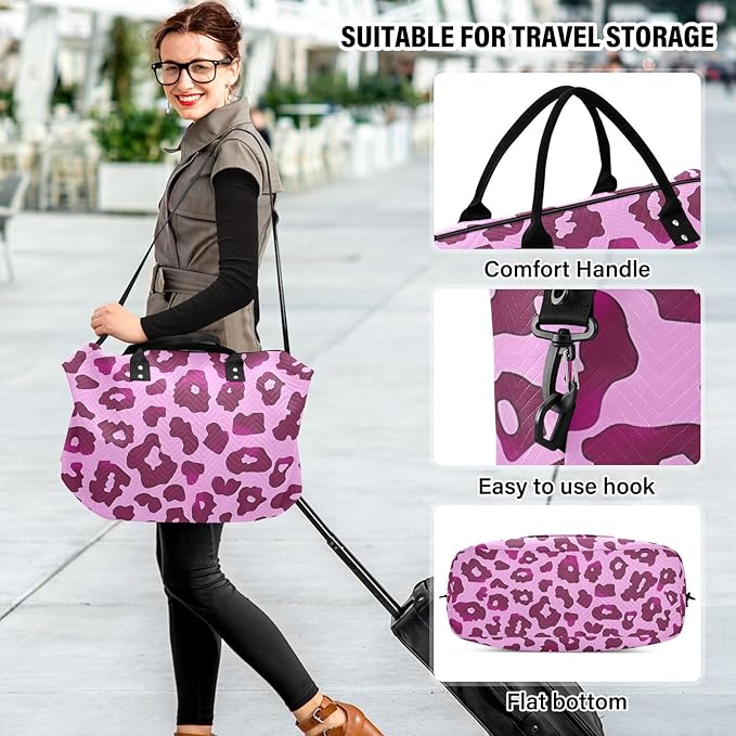 Travel Duffle Bag, Leopard Rose Purple Pink Pattern Gym Bag with Storage Bag Weekender Overnight Bag for Men Women Trip Sports Yoga
