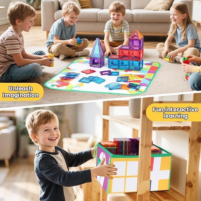 Magnetic Tiles Storage Bin & Interactive Playmat - Foldable Toy Organizer for Magnetic Tile, Portable Storage with Handles,12.6x11.4x7.7in Play Space for Home, Travel, Classroom