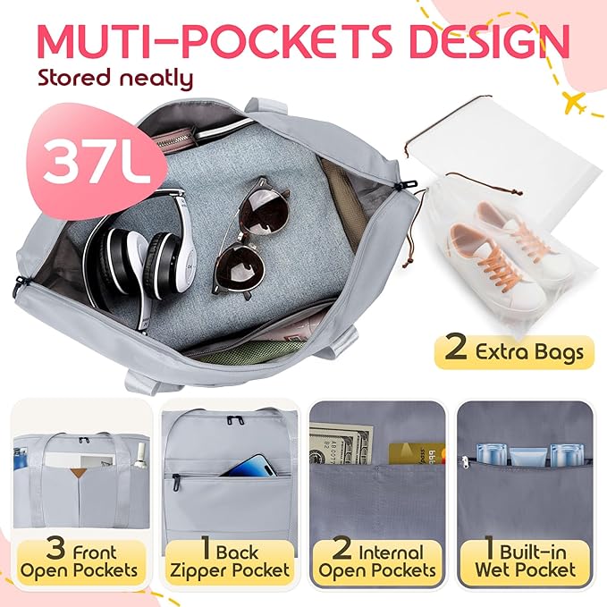 Duffle Bag for Travel, Carry-on Travel Bag with Trolley Sleeve, Sport Gym Bag for Women, Overnight Bag for Men, Hospital Bag for Labor and Delivery (Grey)