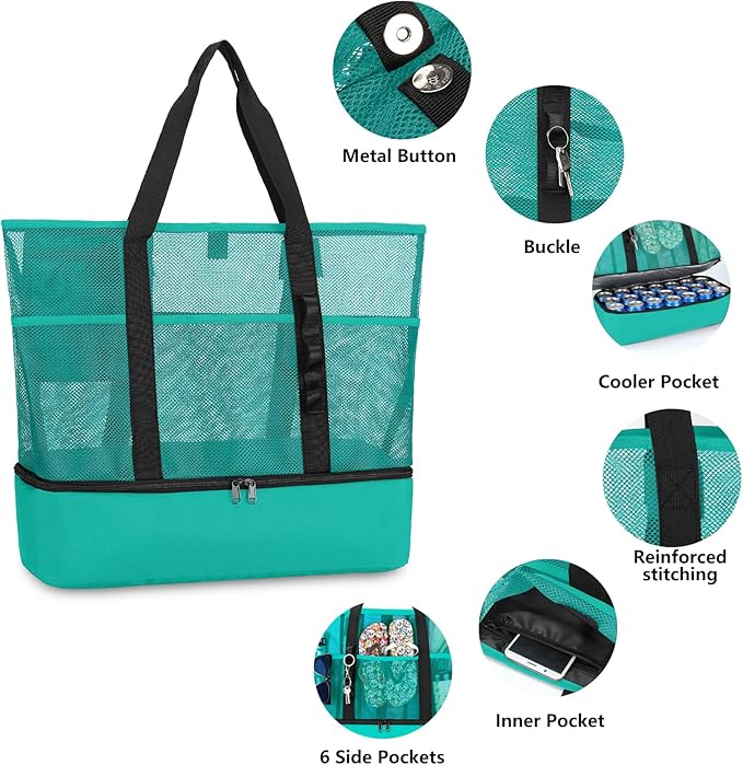 Beach Bag with Cooler,Mesh Beach Bags for Women Sandproof for Pool and Swimming Travel Daily with Durable 8 Pocket