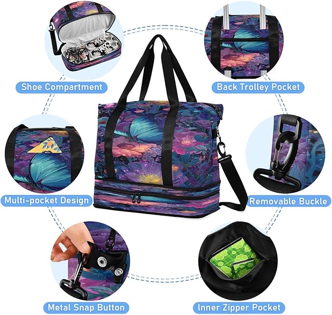 Travel Duffel Bags for Women Butterfly in Dark Florals Print Sports Duffel Bags Gym Bags with Shoes Compartment Tote Bag Weekender Bag for Travelling