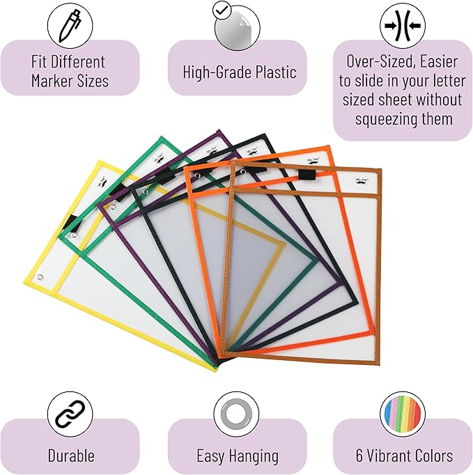 Mr. Pen Dry Erase Pocket Sleeves, 12 pcs, Plastic, 10 x 14 inches, Assorted Colors, Reusable, Wipe-Off, Perfect for Classrooms, Offices, Home Learning