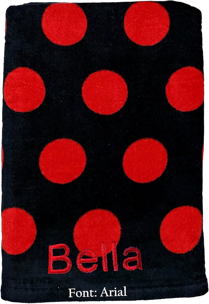 BY LORA Personalized Terry Polka Dot Beach Towel, Black/Red