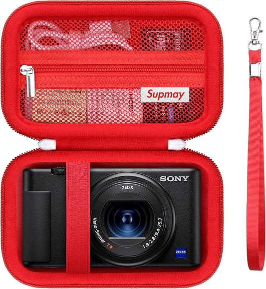 Hard Travel Case for Sony ZV-1F / ZV-1 / ZV-1 II Digital Camera, Storage Holder Travel Bag with Zipper Mesh Pocket for Battery Pack, Charging Cable, USB Card, Black, Red