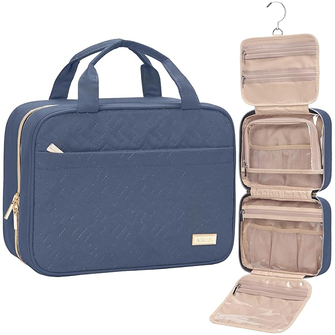 NISHEL Travel Toiletry Bag for women, Portable Hanging Organizer for Travel-Sized Shampoo, Conditioner, Brushes Set, Makeup Accessories, Medium Size, Aegean-Blue