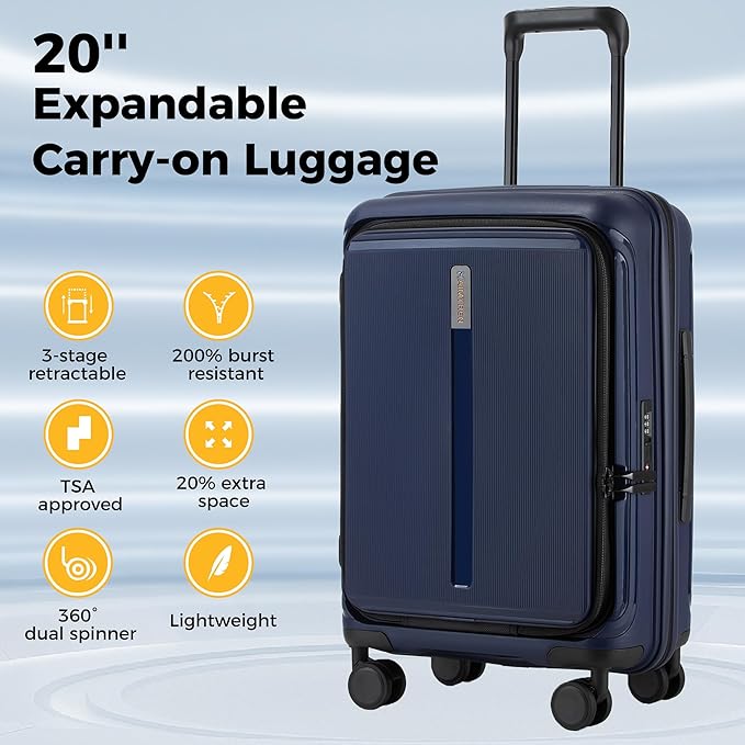 20“ Expandable Carry on Luggage Front Opening, 22x14x9 Airline Approved Hardshell Spinner Carry-on Suitcase with Wheels, TSA Lock, Lightweight Travel Luggage (Dark Blue, 20 inch)