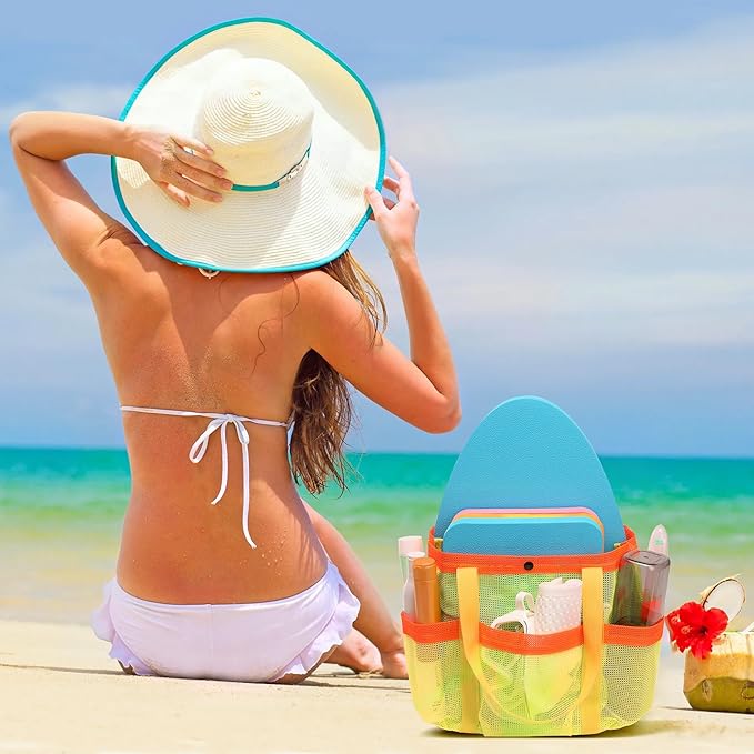 Mesh Beach Bag, Foldable Waterproof Sandproof Beach Storage Tote with 6 Pockets, Swim Tropical Vacation Pool Essential