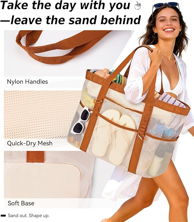 2026 Chic & Spacious XX-Large Beach Bag for Women — Mesh × Canvas Tote with Top Zipper, 11 Pockets, Detachable Pouch | 40L+ Spacious, 11 Tall Pockets, Zipper Pouch, Secure Zip-Top, Sand-Resistant Base