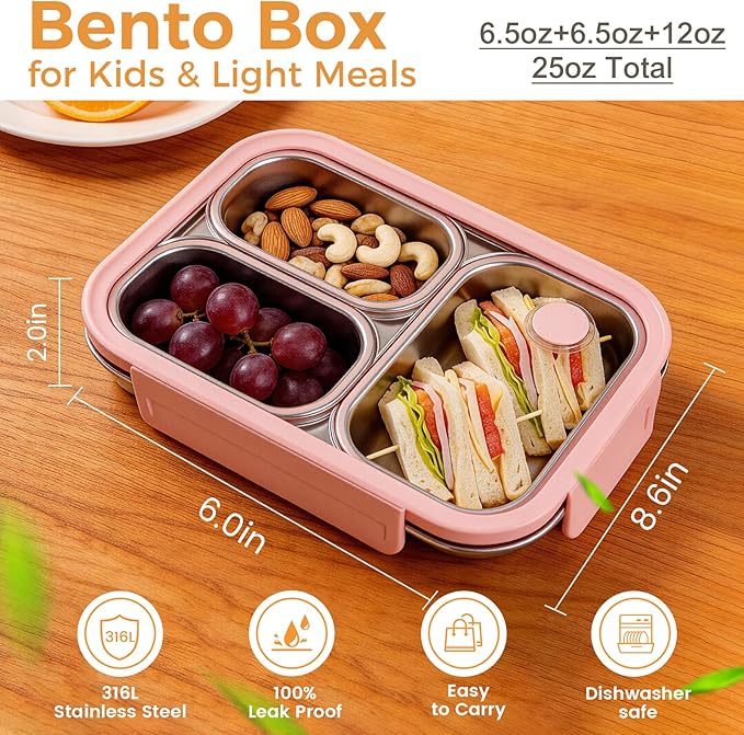 Premium 25oz SUS316L Stainless Steel Lunch Box Bento Box - Reusable Metal Snack Containers with Lids for Kids & Adults - Daycare/School/Work/Travel - Superior Corrosion-resistant (Pink)