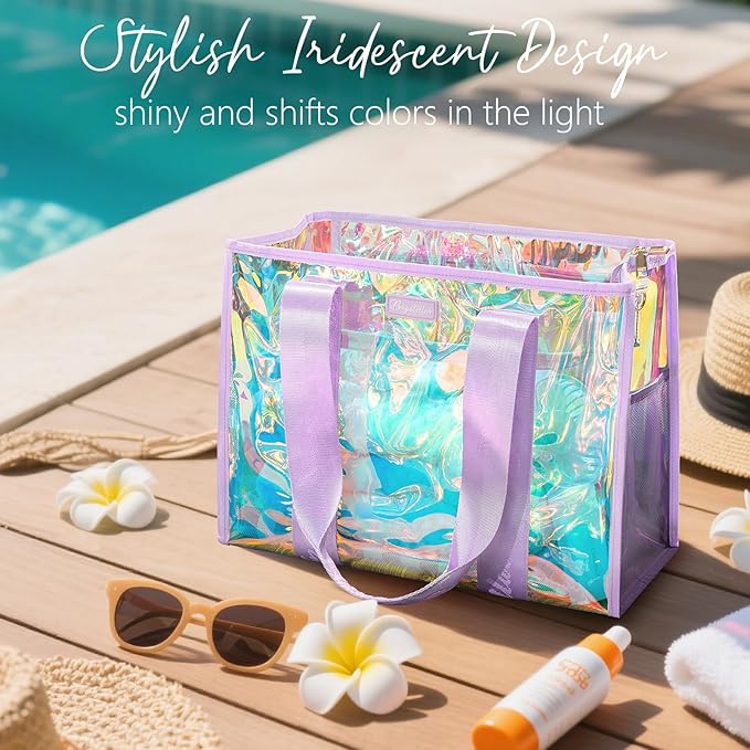Bagstellar Iridescent Beach Tote Bags for Women, Large Zipper Beach Pool Swim Bag with Makeup Bag & Waterproof Phone Pouch | Waterproof Sandproof, Adjustable Strap, Packable, Foldable, Travel Tote Bags, Vacation Essentials, Gift for Women
