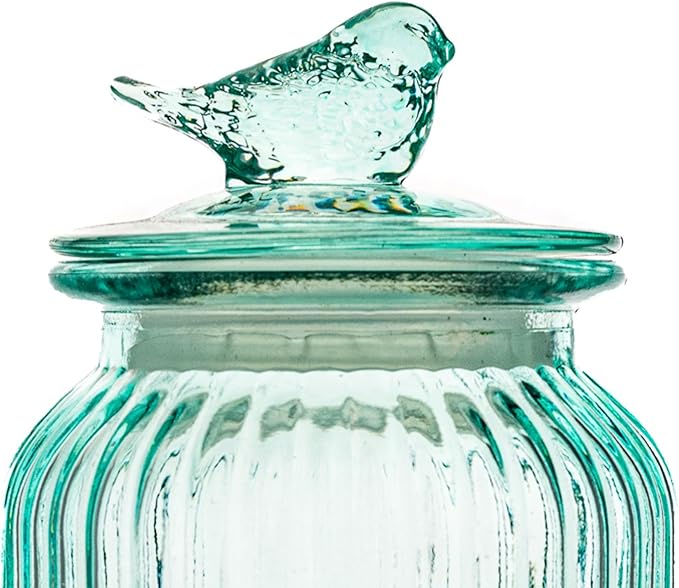 10 Strawberry Street Textured Glass Bird Canister, Ribbed Round, Blue, Set of 2