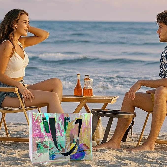 Holographic PVC Beach Bag Waterproof - 18×13×6inch Large Clear Tote for Women Men Pool Travel Sandproof Carry All