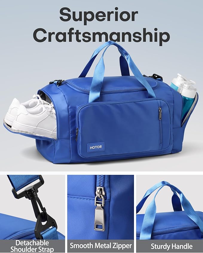 HOTOR Gym Bags for Men & Women - Spacious Duffle Bag with Shoe Compartment & Wet Pocket, Carry On Weekender Bag Portable Sports Duffel Bag for Workout, Fitness, Travel, Blue, 20.5" x 11.0" x 10.6"