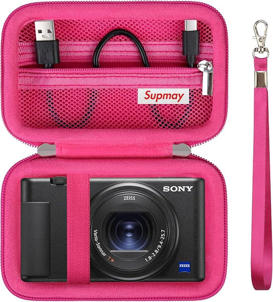 Hard Travel Case for Sony ZV-1F / ZV-1 / ZV-1 II Digital Camera, Storage Holder Travel Bag with Zipper Mesh Pocket for Battery Pack, Charging Cable, USB Card, Rosered