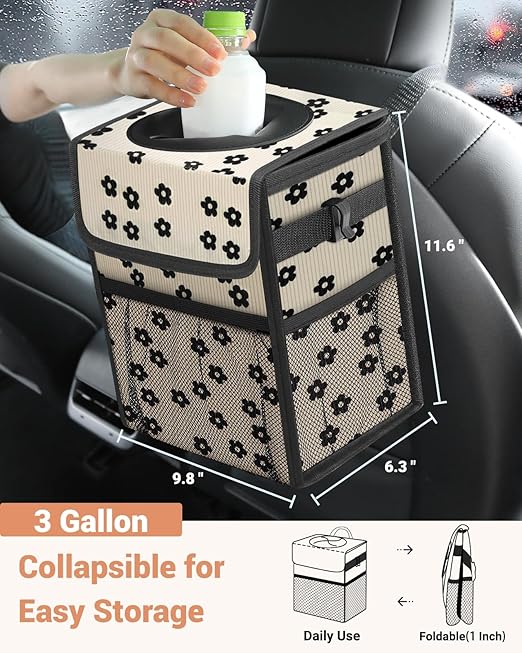 Capolo Car Trash Can with Lid, Leakproof Car Trash Bag Hanging Waterproof Automotive Garbage Can with Storage Pockets Mini Vehicle Trash Bin for Back/Front Seat(Corduroy Black Flower,3 Gallon)
