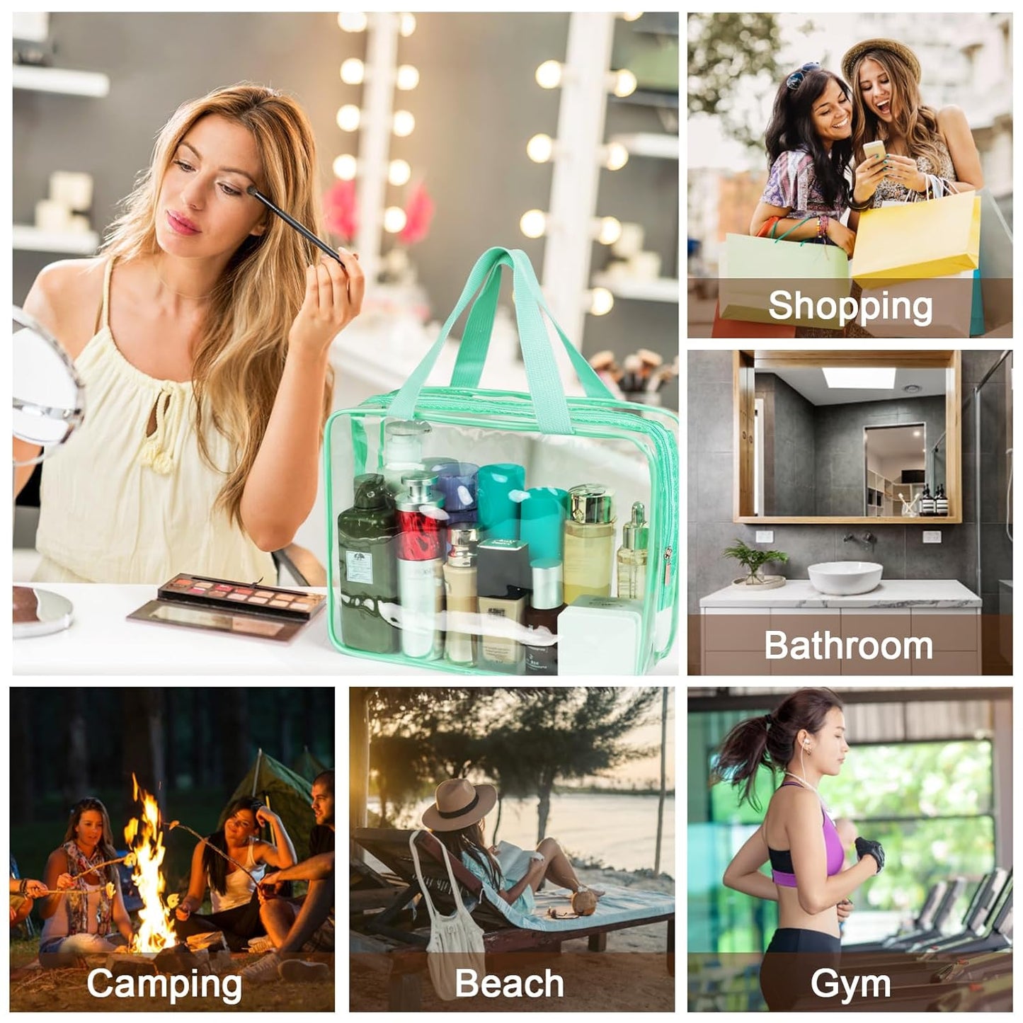 APREUTY Clear Makeup Bags, TSA Approved 6 Pcs Cosmetic Makeup Bags Set Clear PVC with Zipper Handle Portable Travel Luggage Pouch Airport Airline Vacation Organization (Mint Green)