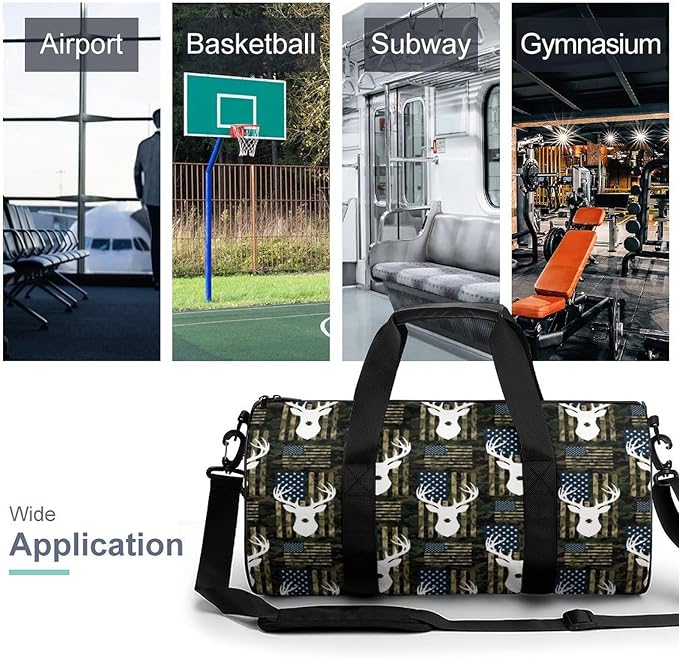 Beach Swim Bags American Flag Camo Deer Men Women Duffle Bag Foldable Gym Bag Lightweight Travel Sports Bags for Men and Women