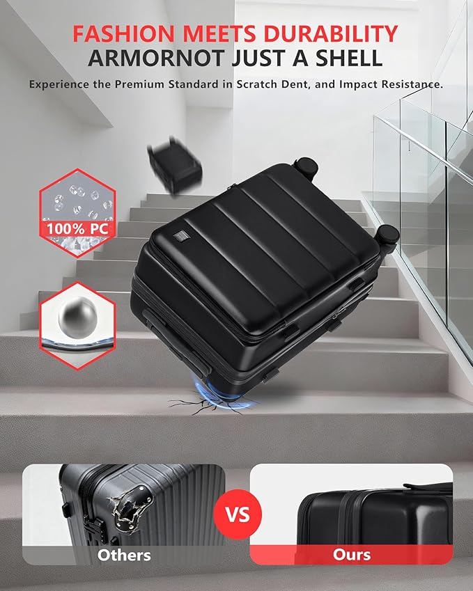 Expandable 20Inch Carry On Luggage Airline Approved - Top Opening Hardside Travel Suitcase Unbreakable -with Cup Holder,USB Charge,Side Pothook, 360°Spinner Wheels, TSA Lock-Black