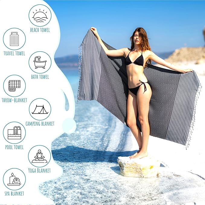 RAY SILVER Turkish Beach Towel – 100% Turkish Cotton 40"x71" Quick Dry Oversized Beach Towel Sand Free Lightweight Turkish Towel for Travel Camping Bath Sauna Beach Pool Gym Yoga