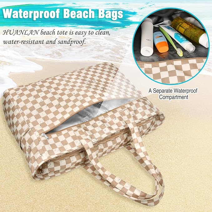 HUANLANG Extra Large Beach Bag Waterproof Beach Totes Bags for Women Men,Pool Bag with Zipper Wet Pocket