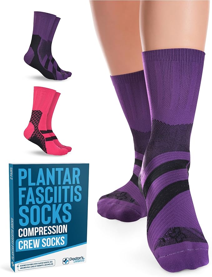 Doctor's Select Plantar Fasciitis Socks - 2 Pairs | Compression Crew Socks for Plantar Fasciitis Relief | Arch Support Socks