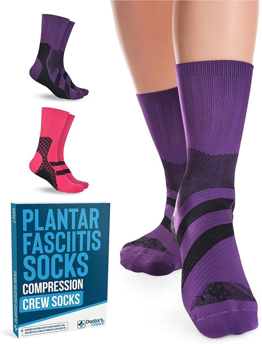 Doctor's Select Plantar Fasciitis Socks - 2 Pairs | Compression Crew Socks for Plantar Fasciitis Relief | Arch Support Socks