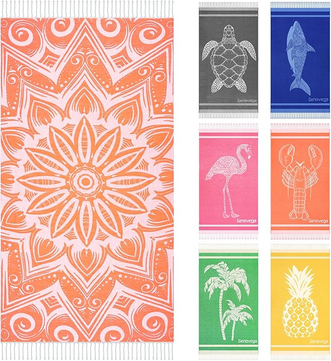 Oversized Cotton Turkish Beach Towels 72"x36" Lightweight Quick Dry Sandless Pool Swim Towel Large No Sand Compact Blanket Adult Travel Essentials Cruise Accessories Must Haves Orange Boho Mandala