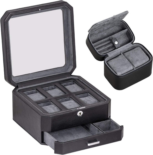 ROTHWELL Gift Box with 6 Slots Leather Watch Box and 2 Watches Travel Case - Storage Box Holder with Glass Top (Black/Grey Gift Box)