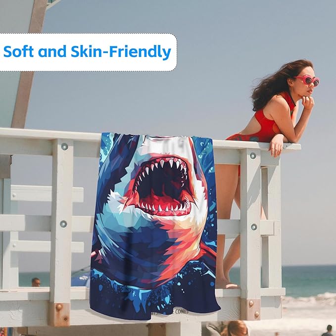 Microfiber Beach Towels,Watercolor Wild Animal Shark in Deep Sea Oversized Absorbent Bath Towels,Soft Quick Dry Thin Camping Towel for Adults Women Men,29.5"×59"