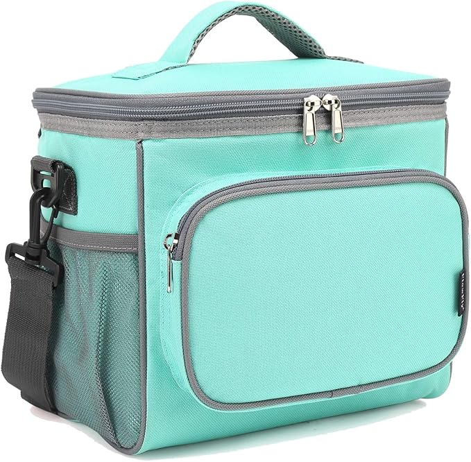 FlowFly Insulated Reusable Lunch Bag Adult Large Lunch Box for Women and Men with Adjustable Shoulder Strap,Front Zipper Pocket and Dual Large Mesh Side Pockets,Jade