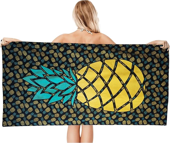 Pineapple Beach Towel 30”x60” – 100% Cotton Velour, Absorbent, Quick-Dry, Easy-Pack for Spring Break, Vacation, Beach, Pool, or Sunbathing – Lightweight, Compact for Travel – Funny Novelty Gift