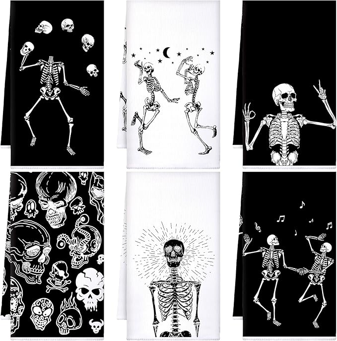Bencailor 6 Pcs Skull Kitchen Towels Skeleton Dish Hand Towels Gothic Spooky Skull Tea Washcloth for Bathroom Kitchen Goth Horror Decor Gifts 24 x 16''