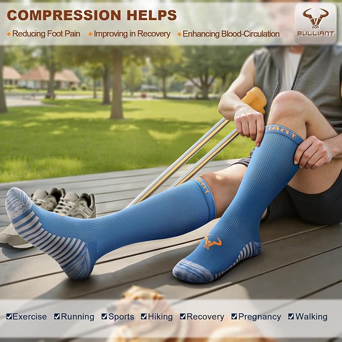 BULLIANT Men Compression Socks 3Pairs-Knee High Socks 15-20 Pressure Unise- Cushioned Sole Extra Wicking